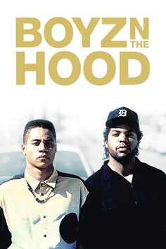 two men standing next to each other in front of a white background with the words boyz n the hood on it