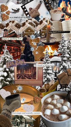 a collage of pictures with coffee, cookies and other things in them that are all over the place