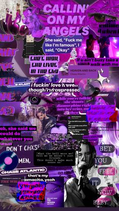 a collage of purple images with words and pictures on the bottom, including an image of a woman's face