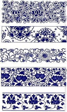 four different blue and white designs with flowers, leaves and swirls on the sides