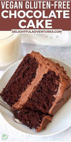 a slice of chocolate cake on a white plate with the title text vegan gluten - free chocolate cake