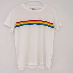 - Project Social T - White Lightweight Shirt - Rainbow Stripe On Front - Front Is A Little Shorter In Length Than The Back - Split On Sides Of The Bottom, Separating The Front And Back - Very Comfortable And Casual - Brand New, Never Worn - Great Condition White Rainbow, Stripe Shirt, Rainbow Stripes, Striped Shirt, Split, Color White, Womens Tops, Tops & Tees, Rainbow