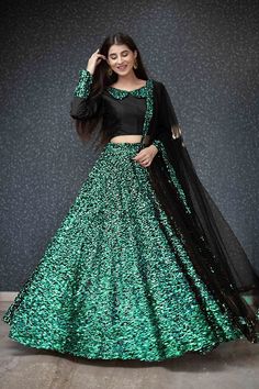 Buy Green Color Velvet Sequence Work Lehenga Bridesmaid Dresses Indian, डिजाइनर कपड़े, Black Lehenga, Lehnga Dress, Gaun Fashion, Lehenga Online, Lehenga Collection