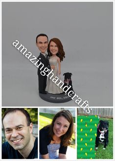 a couple and their dog are shown in this collage