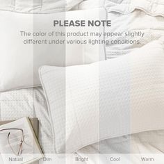 an advertisement for eyeglasses on a bed with the words please note in white