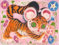 a drawing of a tiger laying on top of a pink ground with flowers around it