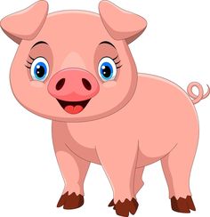 cartoon pig with big blue eyes and pink nose standing in front of the camera, smiling