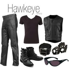 a man in black clothes and sunglasses is standing next to his motorcycle gear, with the words hawkeye on it