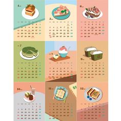 a calendar with different foods on it and the date for each month, including cake