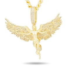 The Soaring Angel spreads its wings to take flight, elevating your game to new levels with its majestic beauty. Each white-plated piece displays the fine details of its wings, body, and robe, while the clear CZ stones covering the interior of the wings showcase a shiny finish. Men's Necklaces, Angel Necklace, The Wings, Small Pendant, Cz Stone, Men Necklace, Spreads, Chain Lengths, Flight