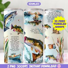 three tumblers with fishing images on them and the words, free tumbler wars