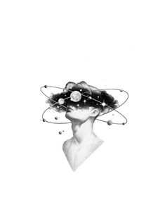 a black and white drawing of a woman's head with planets in her hair