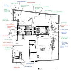 the plan of an ancient building with all its features labeled in red and green text