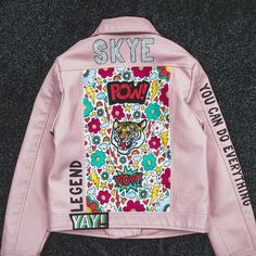 PINK LEATHER JACKET, Personalised Hand Painted Zaradreamland Bespoke Faux Biker Jacket With Embroidered Patches and Empowering Messages - Etsy UK Pink Leather Jacket, Pink Leather