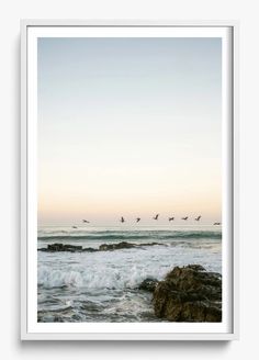 a flock of birds flying over the ocean with waves coming in from the water and rocks