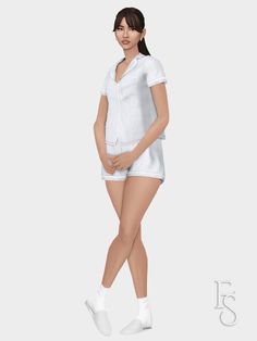 a woman in short shorts and white shirt