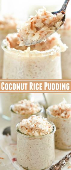 coconut rice pudding in small glass jars with spoons on the side and text overlay that reads coconut rice pudding