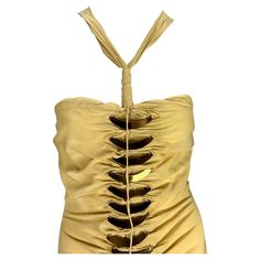 S/S 2005 Gucci Beige Cutout Gold-Tone Metal Spine Bodycon Mini Dress For Sale at 1stDibs Gucci Mini, Dress For Sale, Metallic Accents, Bodycon Mini Dress, Gold Tone Metal, Day Dresses, S S, Dresses For Sale, Gold Tones