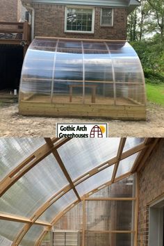 two pictures side by side showing the inside of a house and outside of a greenhouse