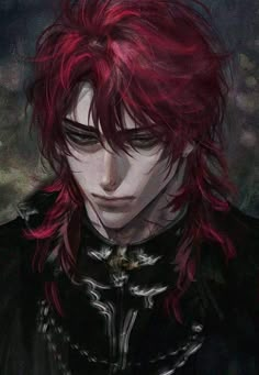 an anime character with red hair and black clothes, staring at something in the distance