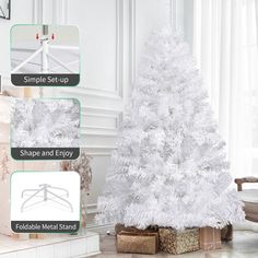 a white christmas tree sitting on top of a wooden box next to a window with the words simple set - up shape and enjoy foldable metal stand