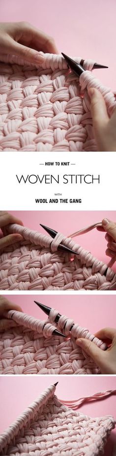 two images show how to crochet the woven stitchs with wool and the ends