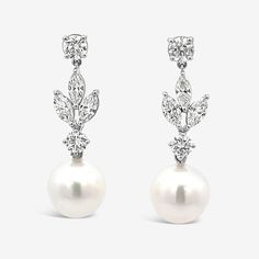 Diamond and Pearl Dangle Earrings Classic Silver Platinum Pearl Earrings, Pear-shaped Diamond Earrings For Formal Events, Classic White Gold Pearl Earrings, Elegant Platinum Pearl Earrings For Formal Occasions, Elegant White Platinum Bridal Earrings, Dazzling Marquise Diamond Earrings For Formal Events, Formal Diamond Pearl Earrings With Brilliant Cut, Elegant Silver Platinum Pearl Earrings, Luxury Platinum Pearl Earrings For Wedding