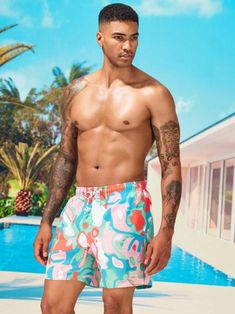 Make a splash in these eye-catching swim trunks featuring a Letter Patched Allover Print Drawstring Swim Trunks. The vibrant print, combined with the patched details, adds a touch of individuality to your beach look. The drawstring ensures a secure fit, while the pocket provides a convenient storage option. Specification: Pattern Type: All Over Print Details: Patched, Drawstring, Pocket Type: Bottoms Bottom Type: Shorts Fabric: Non-Stretch Composition: 100% Polyester Care Instructions: Machine w Comfortable Swimwear, Paisley Shorts, Banana Print, Boho Trends, Boho Patterns, Printed Drawstring, Beach Look, Blue Waves, Beach Shorts