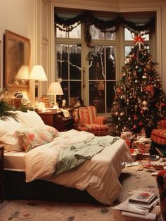 a bedroom with a christmas tree in the corner