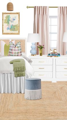 the bedroom is decorated in pastel colors and neutrals, with white bedding