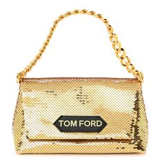 This is an authentic TOM FORD Sequin Mini Label Shoulder Bag in Gold. This chic shoulder bag is crafted of gold leather and sequins. It features a removable gold chain link strap and opens to a black leather interior with card slots. Leather Shoulder Bag With Gold Chain For Party, Luxury Shoulder Bag With Gold Chain For Party, Luxury Evening Bags With Gold Chain, Luxury Bags With Gold Chain For Party, Luxury Gold Clutch With Sequins, Gold Sequin Clutch Bag, Gold Leather Evening Bag, Luxury Gold Sequin Bag, Luxury Gold Sequin Clutch