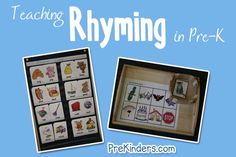 two pictures with words describing rhyming in pre - k and an image of the same