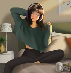 a woman sitting on a bed with headphones in her ears