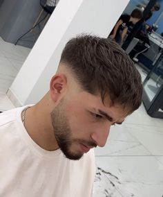 Buzzcut Ideas Men, Mid Skin Fade Fluffy Fringe, French Cop Hairstyle, Fringe Fade Haircut Men, Fringe Down Hairstyles Men, Fringe Cut Men, Cortes De Cabello Corto Hombre, Short Fringe Haircut Men, Skin Fade Haircut Men