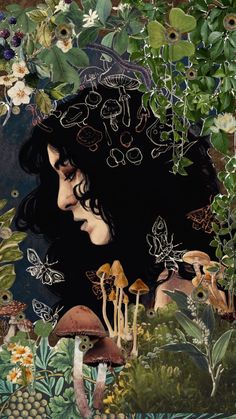 a painting of a woman surrounded by plants and mushrooms