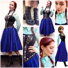 a collage of photos shows a woman wearing a blue dress and black boots with braids