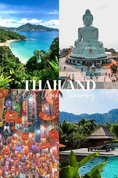 there is a collage of pictures with the words thailand on it and an image of a buddha statue