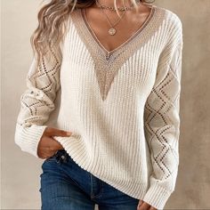 Cozy Cream Lace Knit Oversized V Neck Sweater Top S M L, 100% Polyester, Ships In 7-8 Days Solid Sweaters, Drop Shoulder Sweaters, Loose Outfit, Knitting Women Sweater, Casual Sweaters, Outfit Casual, Long Sleeve Casual, Women Pullover, V Neck Tops