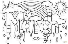 the word mom is surrounded by raindrops, clouds, and sun in black and white