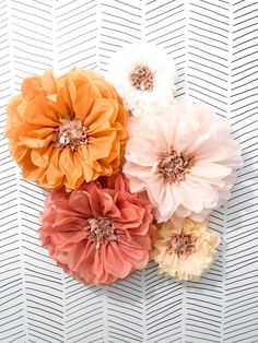 three different colored flowers on a white surface with lines in the backgrounnd