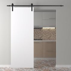 an open sliding door in a kitchen with tile flooring and white walls, showing the interior