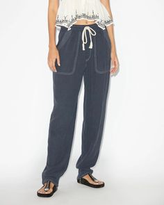 Viamao Pants Woman black | ISABEL MARANT Official online store Cotton Bottoms With Contrast Stitching And Tapered Leg, Indigo Wide-leg Pants With Pockets, Casual Wide Leg Bottoms With Contrast Stitching, Casual Mid-rise Pants With Contrast Stitching, Wide Leg Indigo Pants With Pockets, Indigo Wide Leg Pants With Pockets, Mid-rise Cotton Pants With Contrast Stitching, Summer Cotton Pants With Contrast Stitching, Cotton Pants With Contrast Stitching For Summer