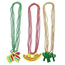 three necklaces with different colored beads and designs on each bead, one is shaped like an elephant