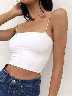 Details Composition: 85% Polyester, 15% Elastane Design: Plain Style: Casual, Basic Thickness: Thin Sheer: No Material: Jersey Sleeve Length: Sleeveless Neckline: Straight neck Occasion: Leisure Size & Fit Clothes Length: Short Top Stretch: High Stretch Fit Type: Skinny Cm Inch Size Length Bust XS 36 60 S 37 64 M 3 Vest Layering, Fit Clothes, Fits Clothes, Slim Fit Top, Vest Fashion, Tank Top Cami, Elegant Outfit, Vest Top, Cami Top