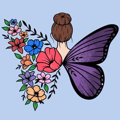 a drawing of a butterfly with flowers in it's wings and the back of its wing