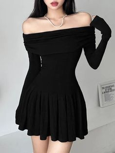 Y2k Party, Black Off Shoulder, Pleated Dress, Off Shoulder, Slim Fit, Mini Dress, Long Sleeve, Black