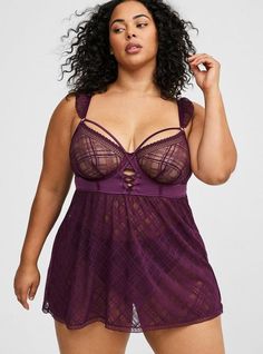 Matching Style(s): Search 42165536 FIT Underwire cups. . Babydoll silhouette. MATERIALS + CARE Plaid lace knit fabric. Machine wash cold. Line dry. Imported. DETAILS Sleeveless. Adjustable straps. Lace up detail. Grommet accents. . The best plus size women's plaid lace underwire grommet up babydoll chemises & babydolls in darkest plum made of lace. Torrid is your destination for cozy fall and winter clothes to keep you warm and comfortable. Clothes Capsule, Full Figure Lingerie, Lace Underwire, Fitted Wedding Dress, Lingerie Dress, Matches Fashion, Plus Size Lingerie, Winter Clothes, Lace Knitting