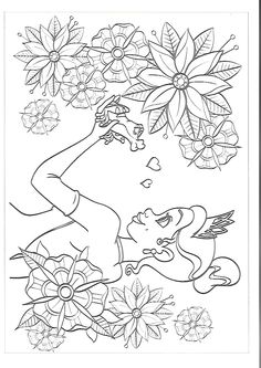 an adult coloring page with flowers and a girl in the middle, on a white background