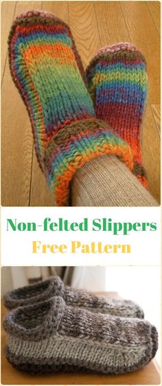 there is a pair of knitted slippers on top of a wooden table with text overlay that says, non - felted slippers free pattern