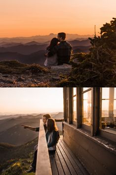 two people sitting on a bench looking out at the mountains and sunset in the distance